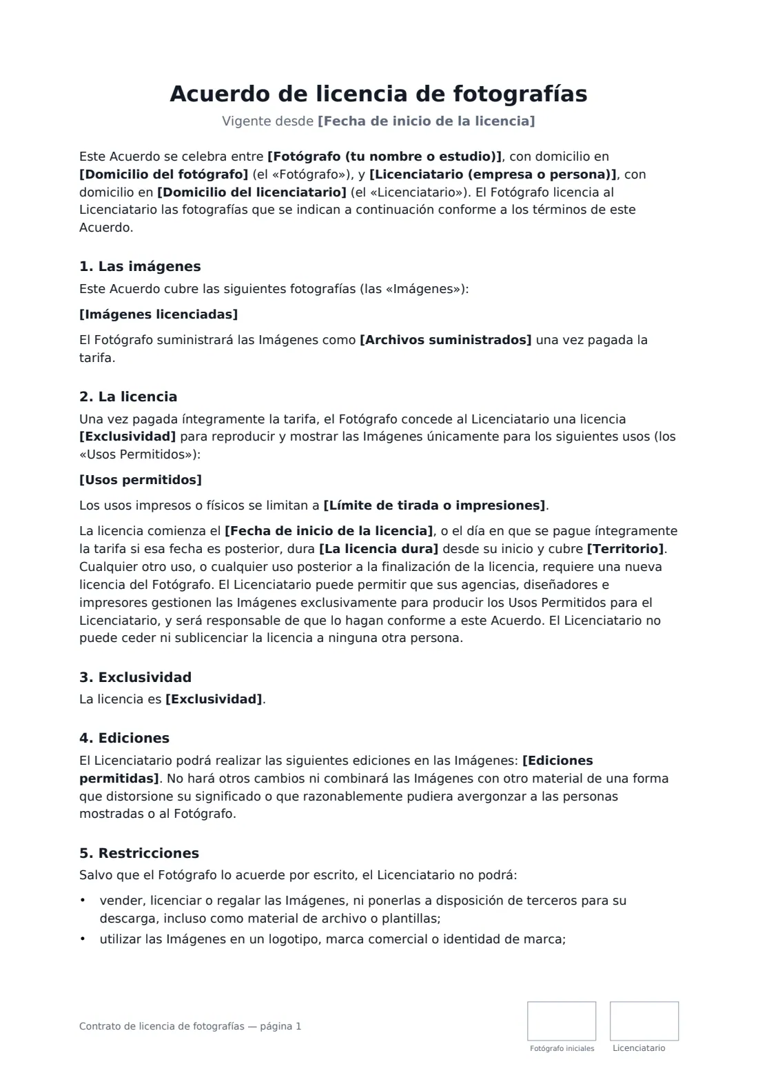 Contrato de licencia de fotografías: página 1 de 3