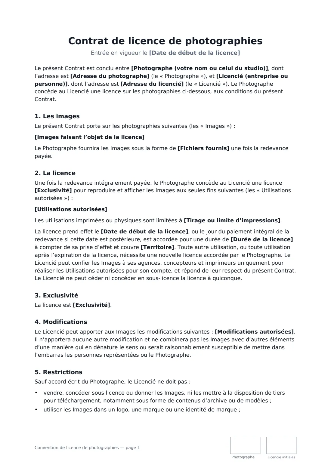 Convention de licence de photographies — page 1 sur 3