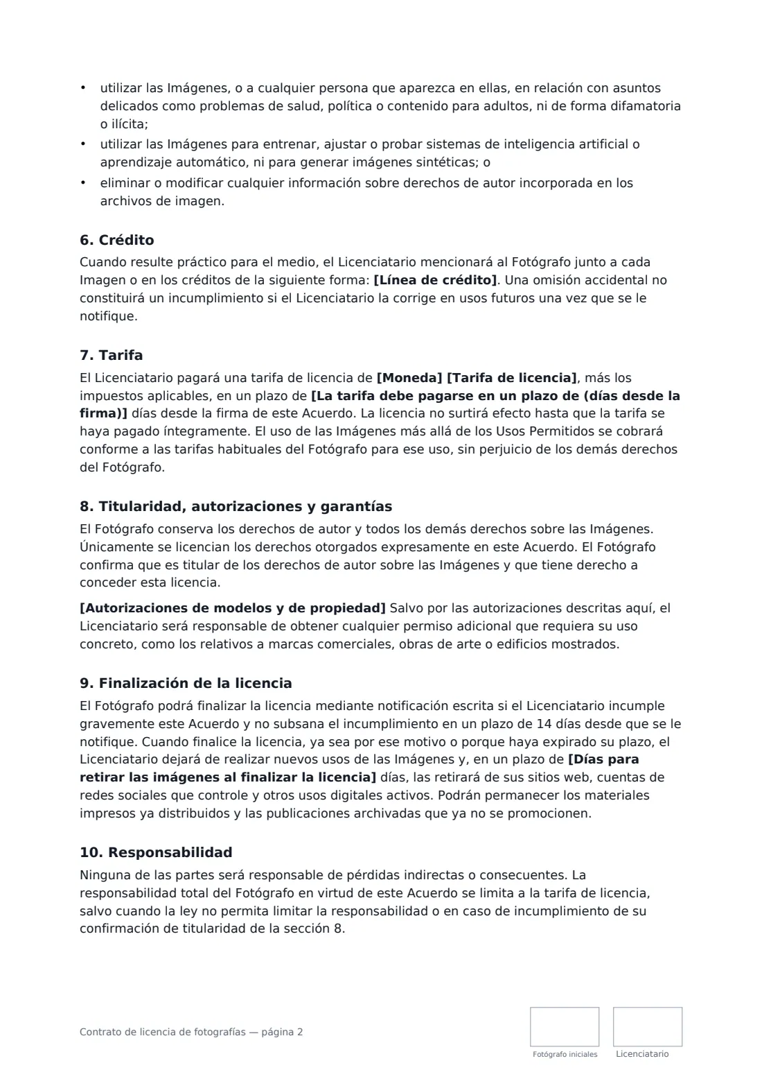 Contrato de licencia de fotografías: página 2 de 3