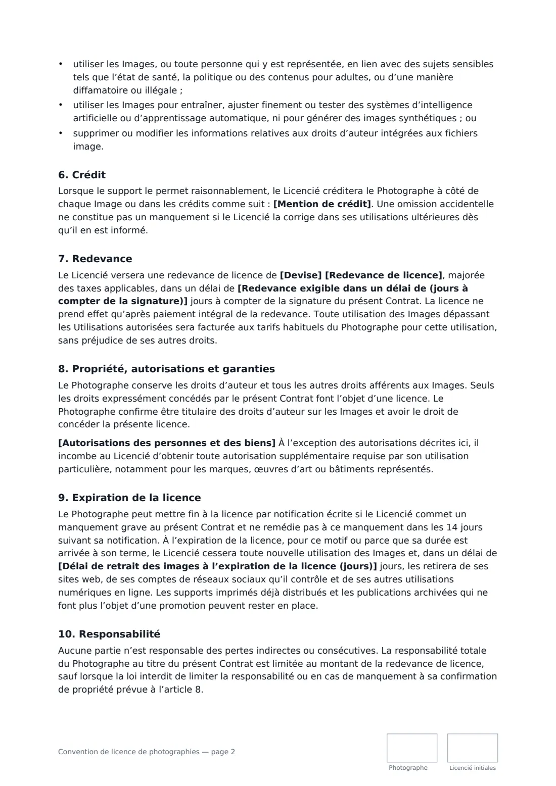 Convention de licence de photographies — page 2 sur 3