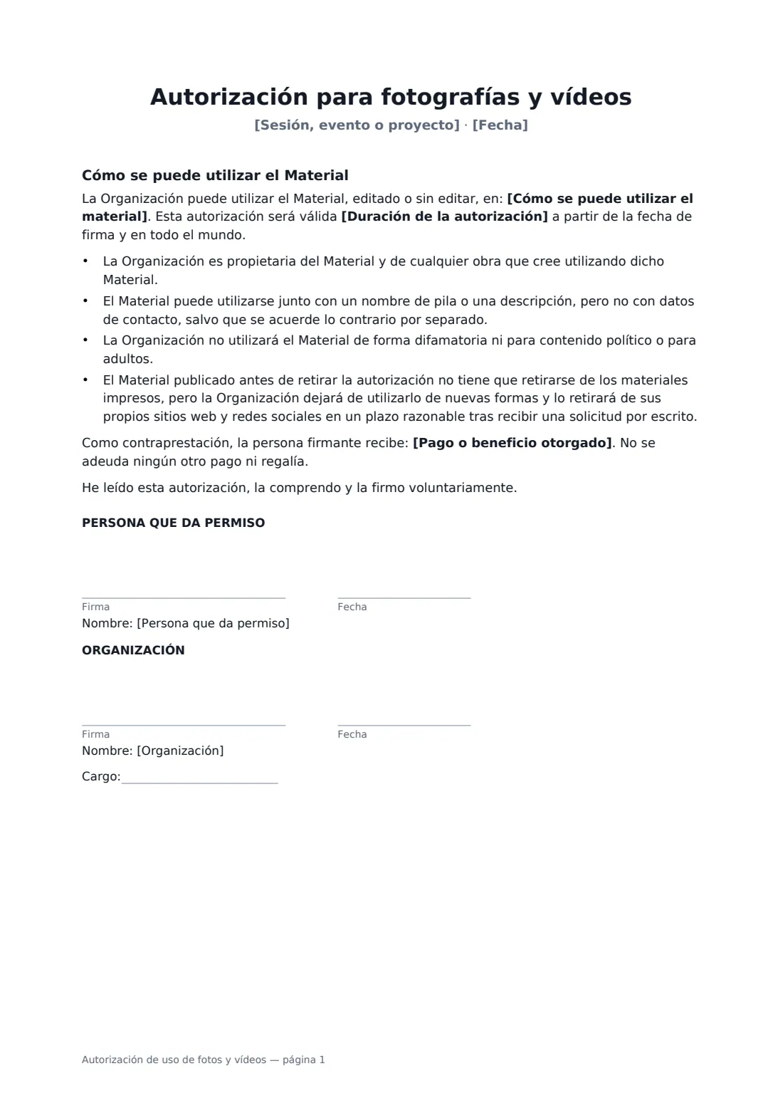 Autorización de uso de fotos y vídeos: página 1 de 1