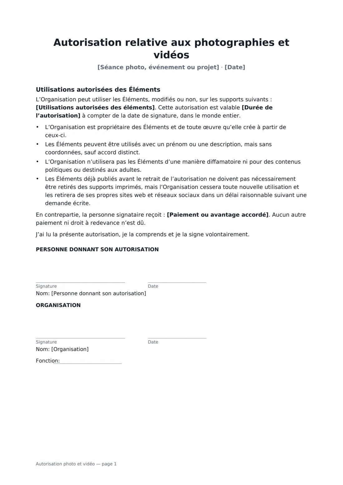 Autorisation photo et vidéo — page 1 sur 1