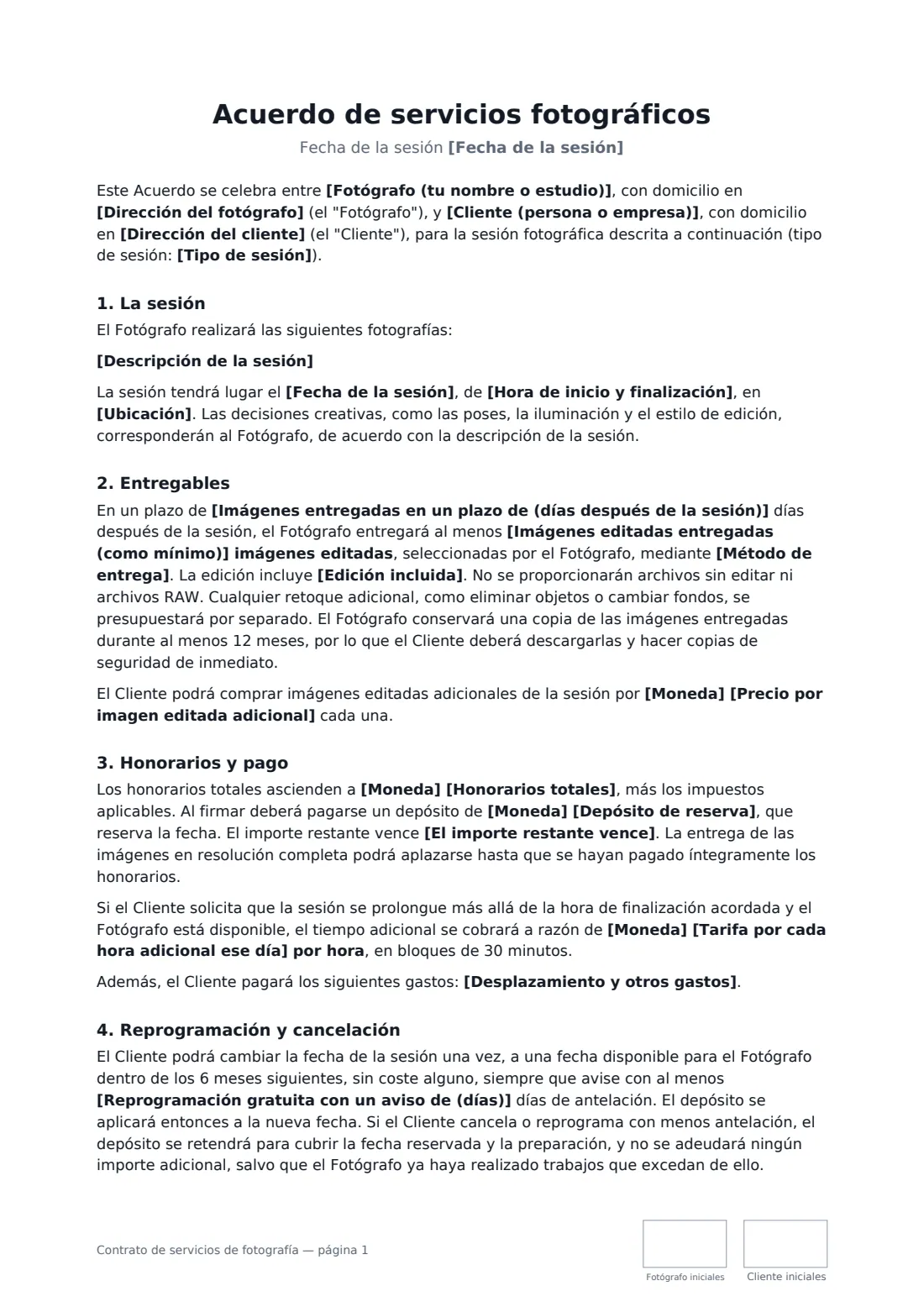 Contrato de servicios de fotografía: página 1 de 3