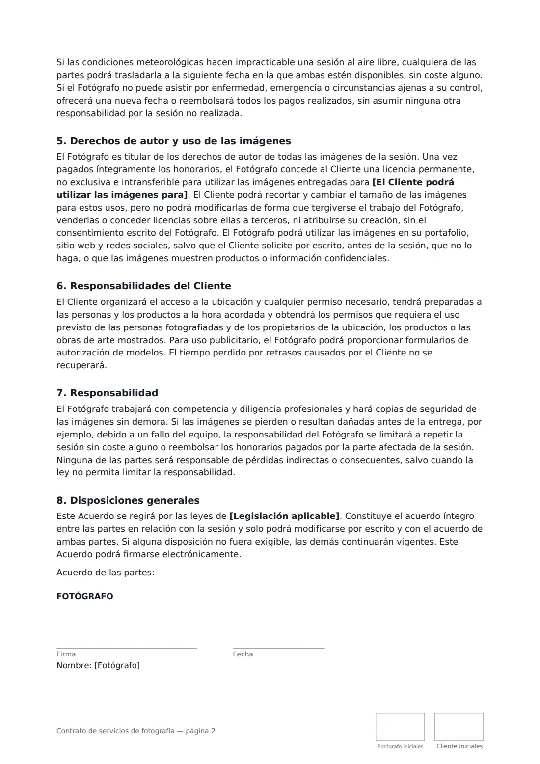 Contrato de servicios de fotografía: página 2 de 3
