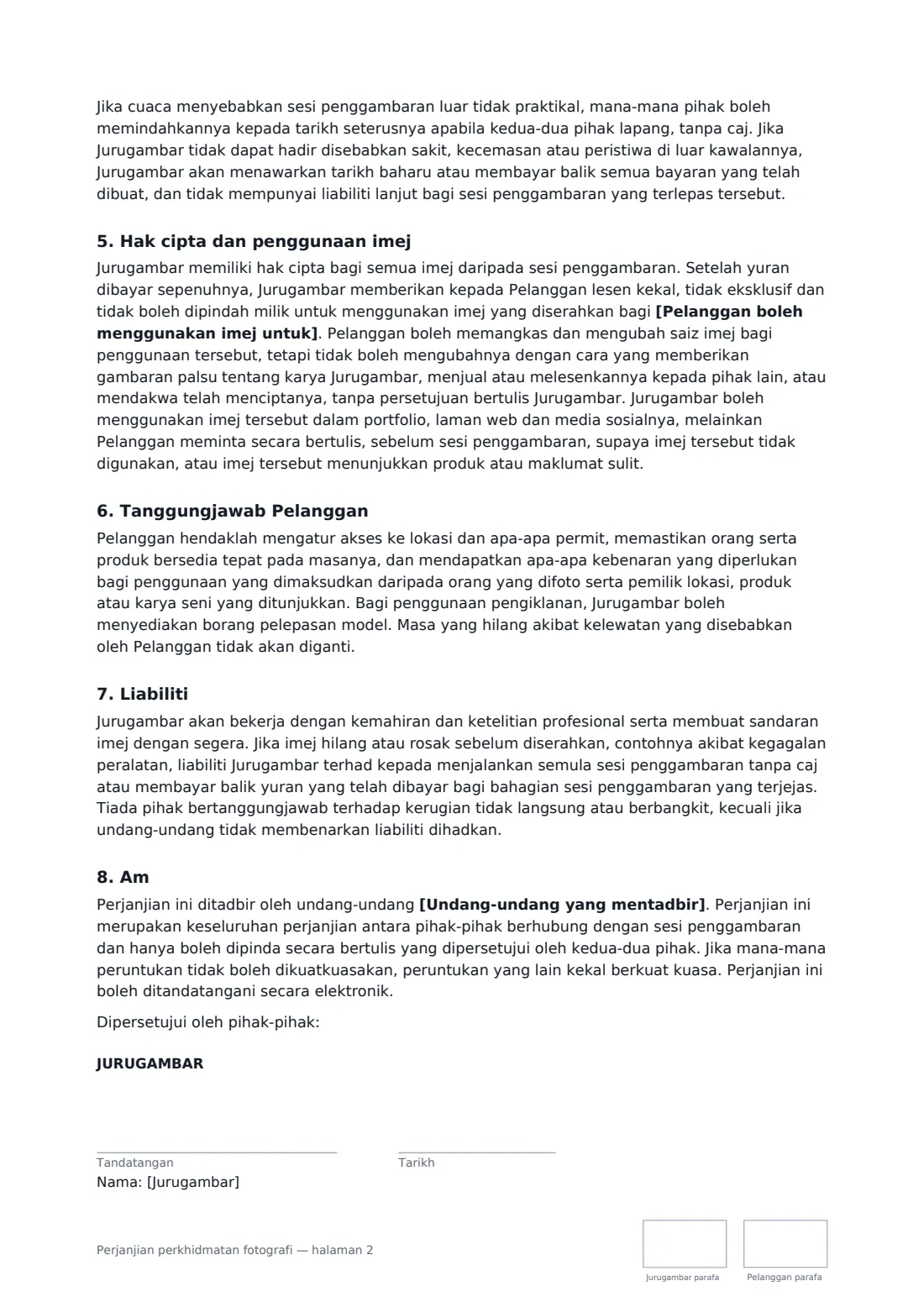 Perjanjian perkhidmatan fotografi — halaman 2 daripada 3