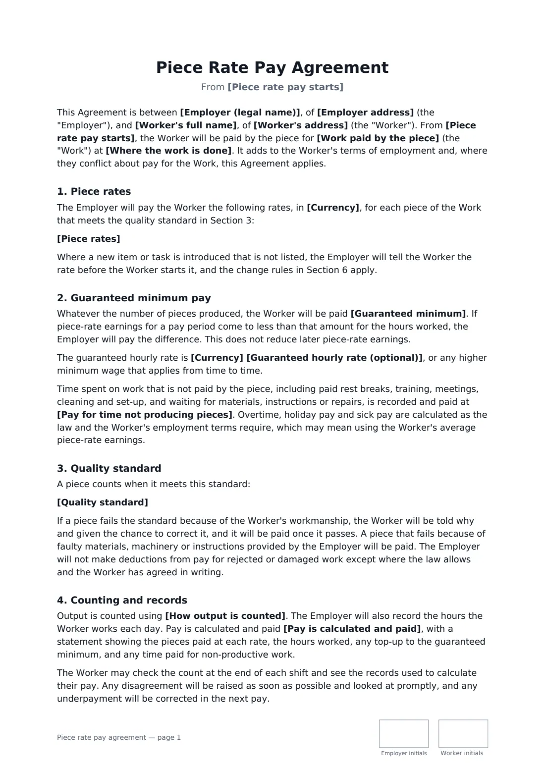 Piece rate pay agreement — page 1 of 2