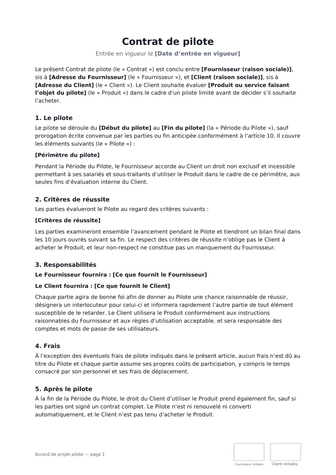 Accord de projet pilote — page 1 sur 3