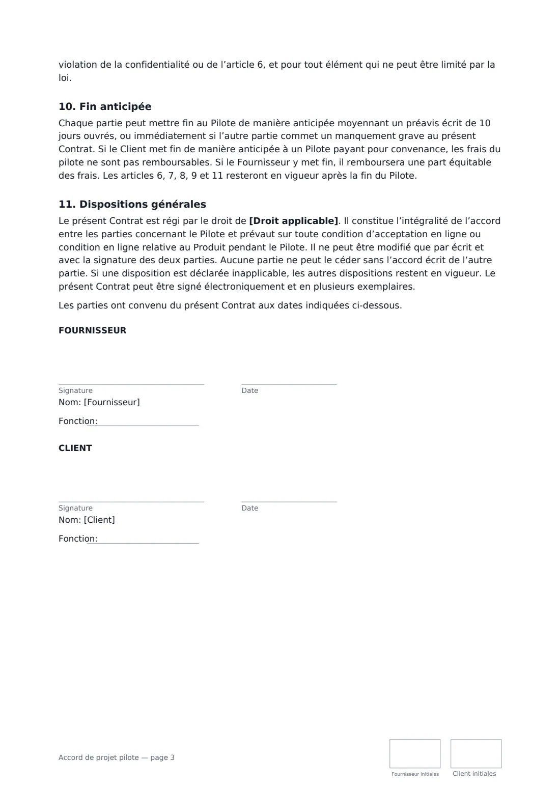 Accord de projet pilote — page 3 sur 3