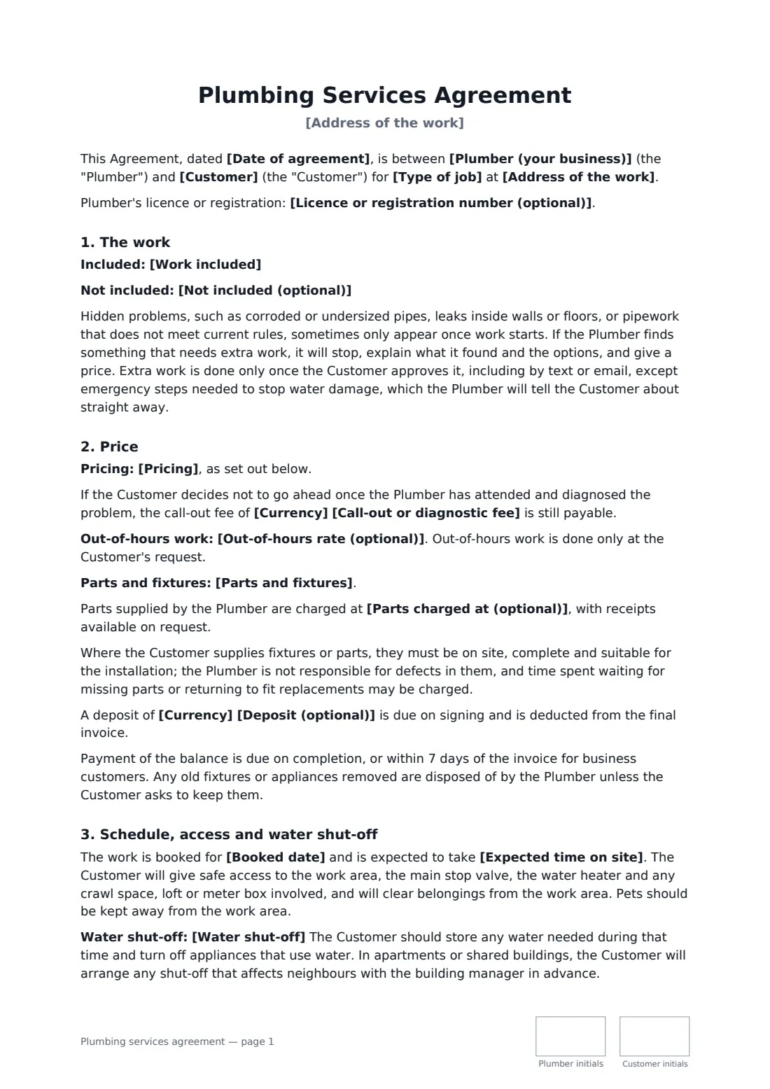 Plumbing services agreement — page 1 of 2