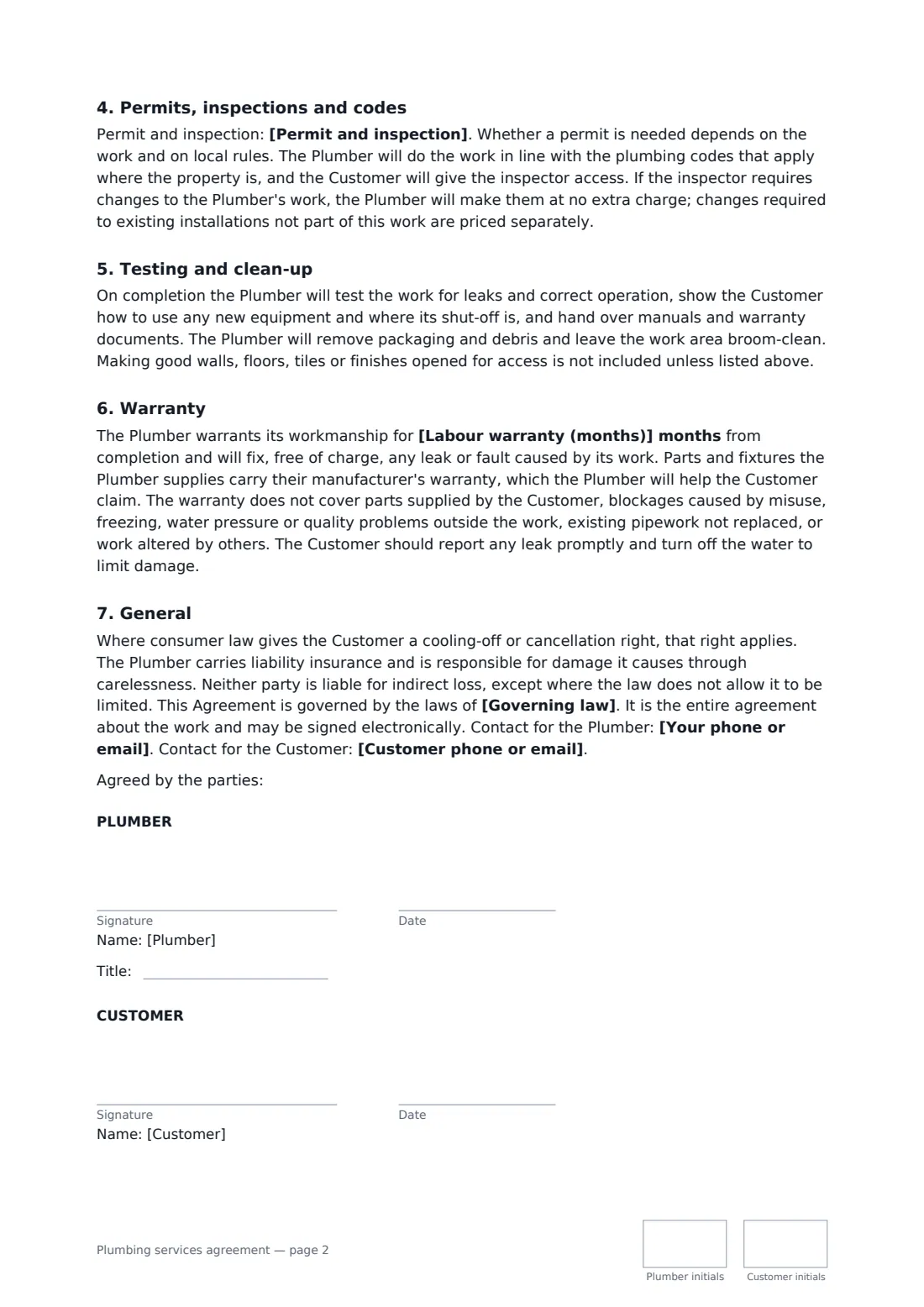 Plumbing services agreement — page 2 of 2