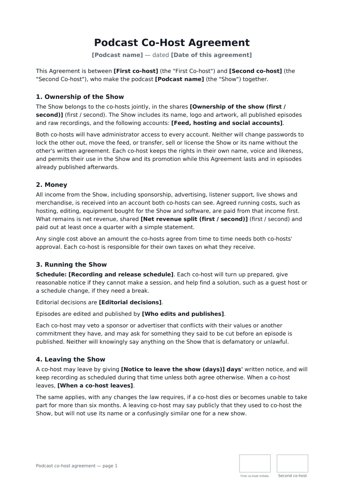 Podcast co-host agreement — page 1 of 2