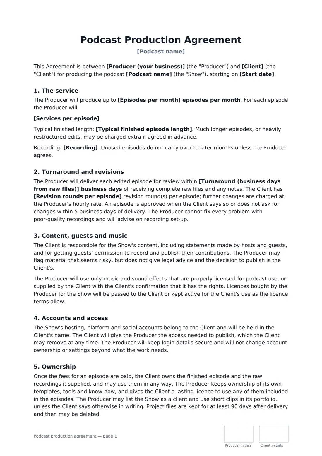 Podcast production agreement — page 1 of 2