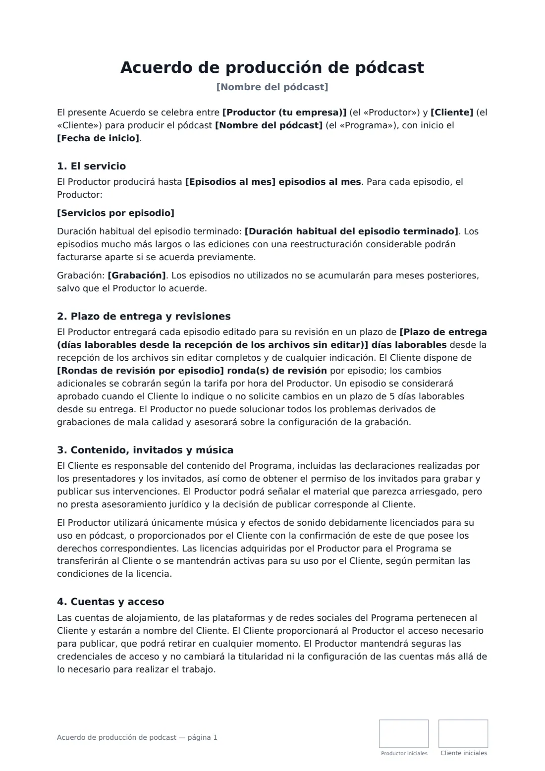 Acuerdo de producción de podcast: página 1 de 3