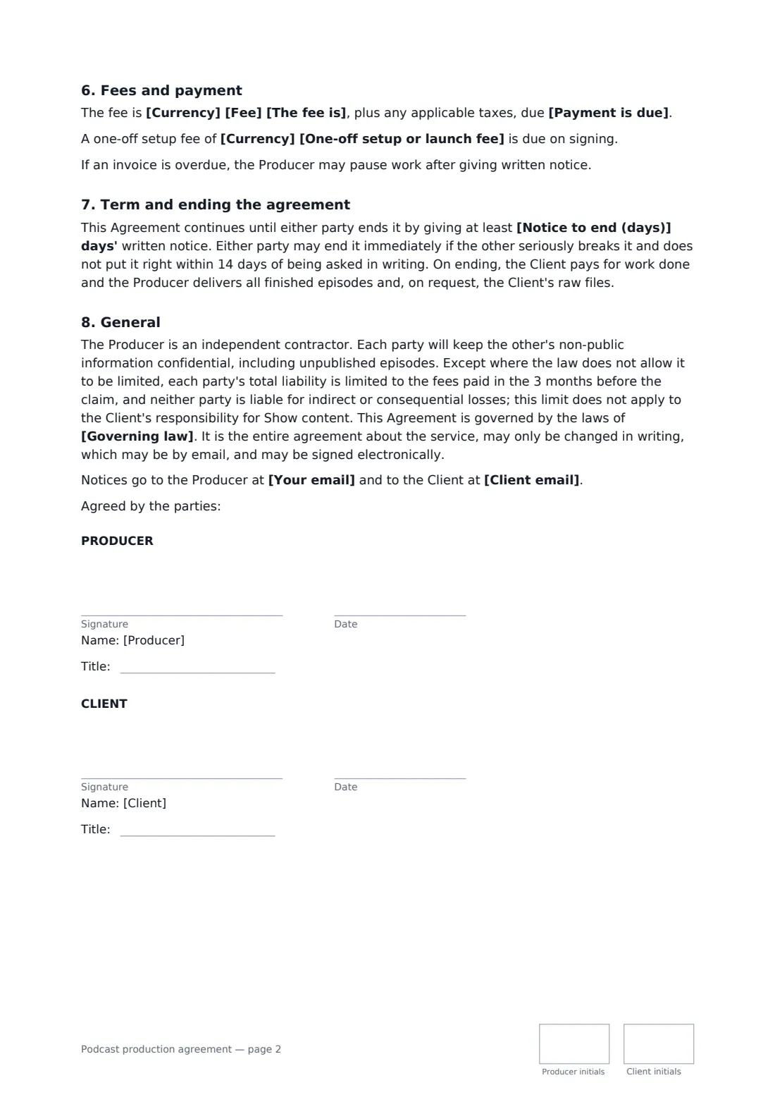 Podcast production agreement — page 2 of 2