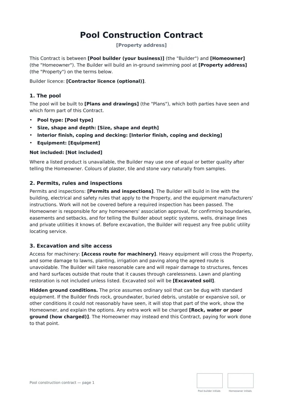 Pool construction contract — page 1 of 3