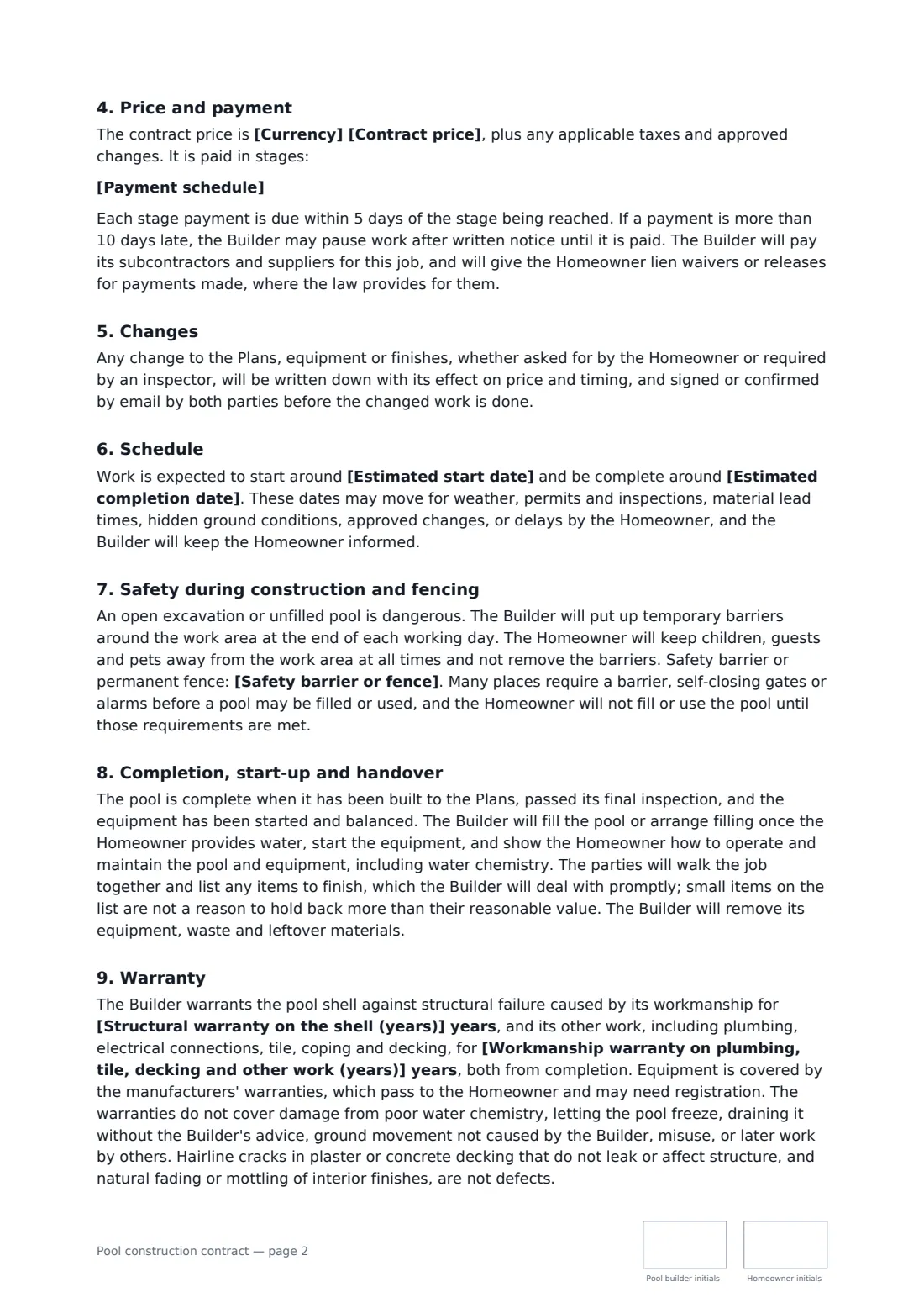 Pool construction contract — page 2 of 3