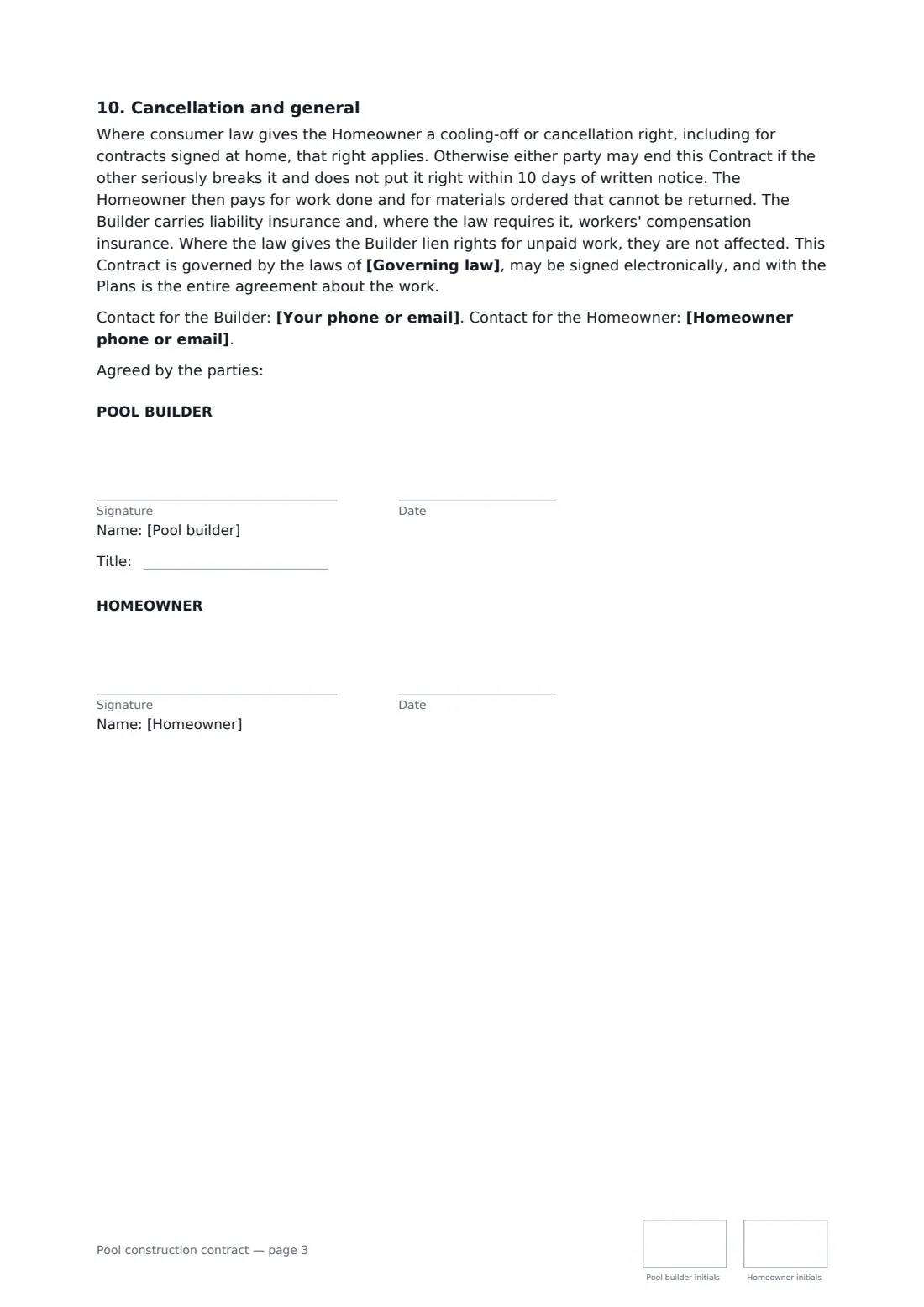 Pool construction contract — page 3 of 3