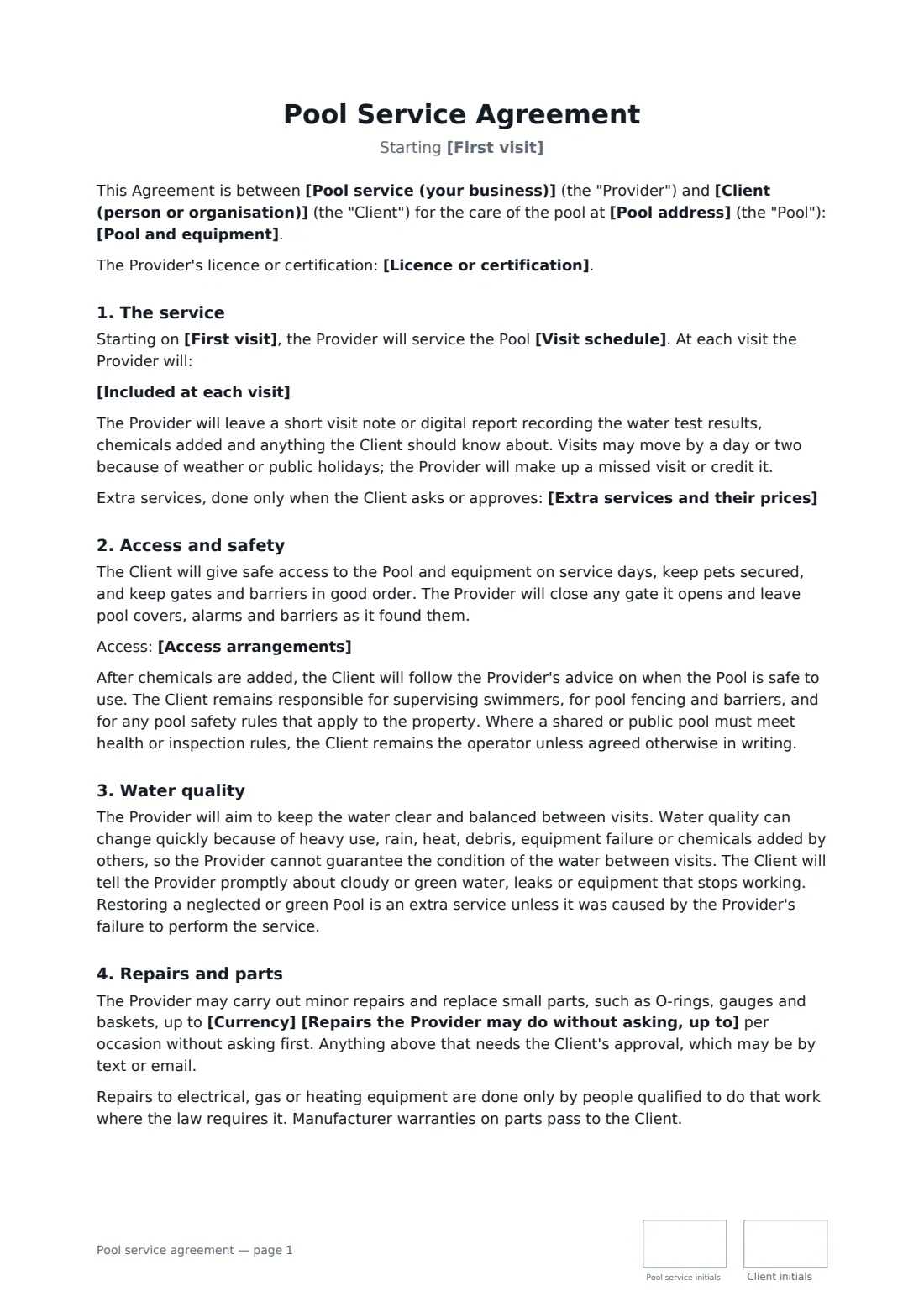 Pool service agreement — page 1 of 2