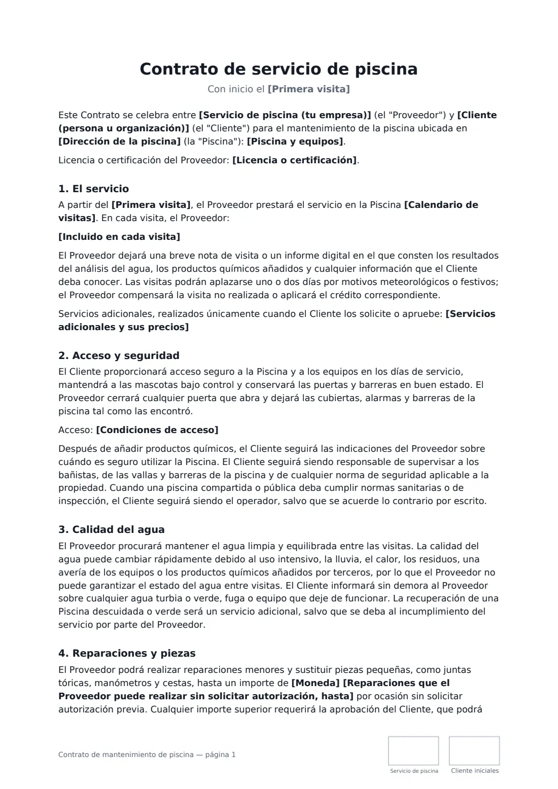 Contrato de mantenimiento de piscina: página 1 de 3
