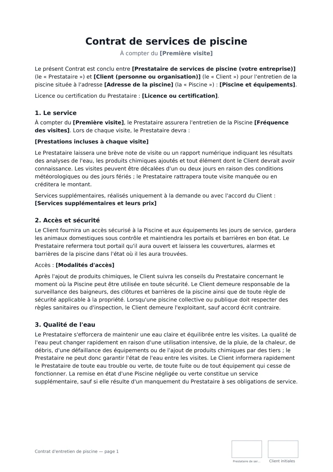 Contrat d'entretien de piscine — page 1 sur 3