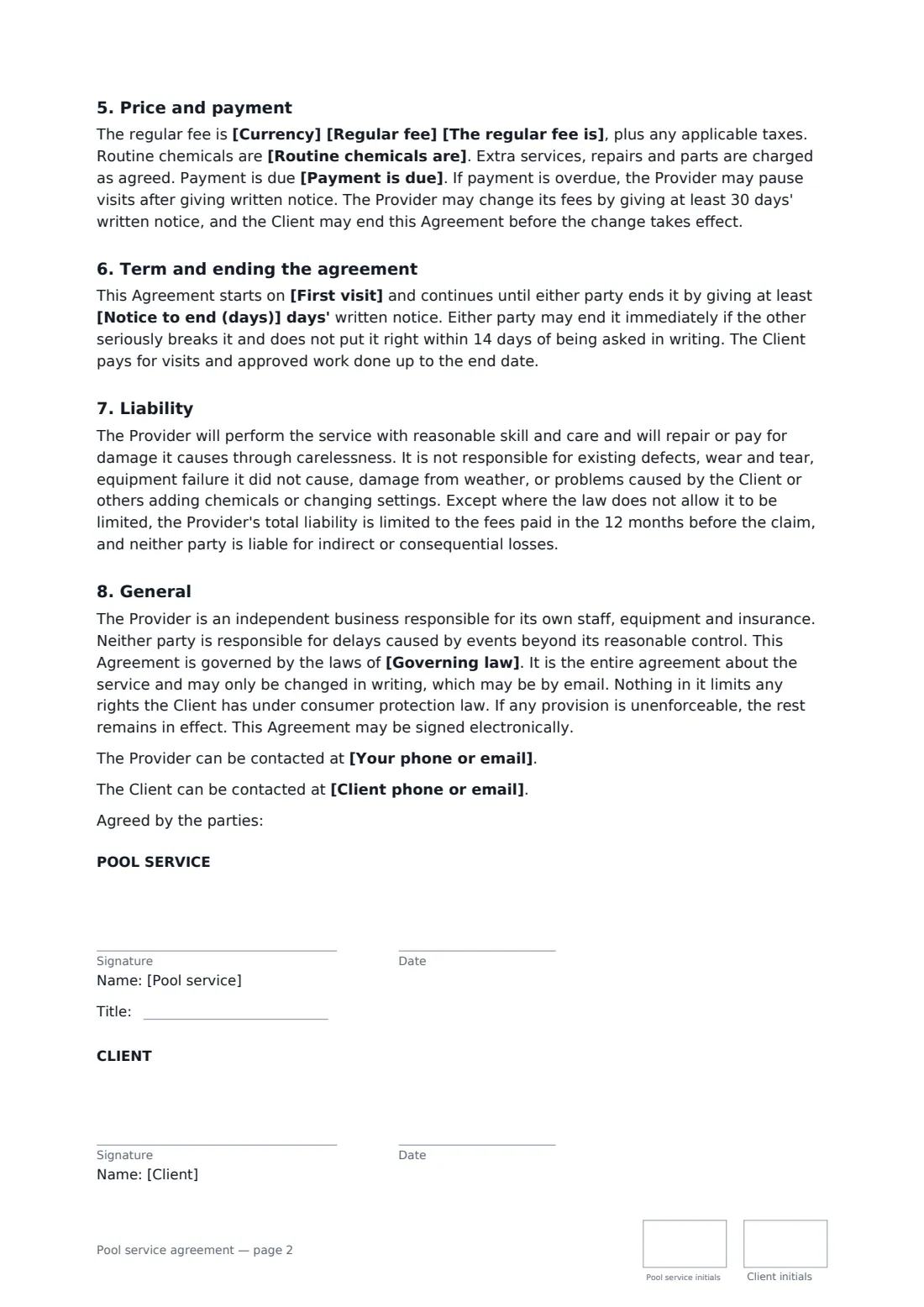 Pool service agreement — page 2 of 2