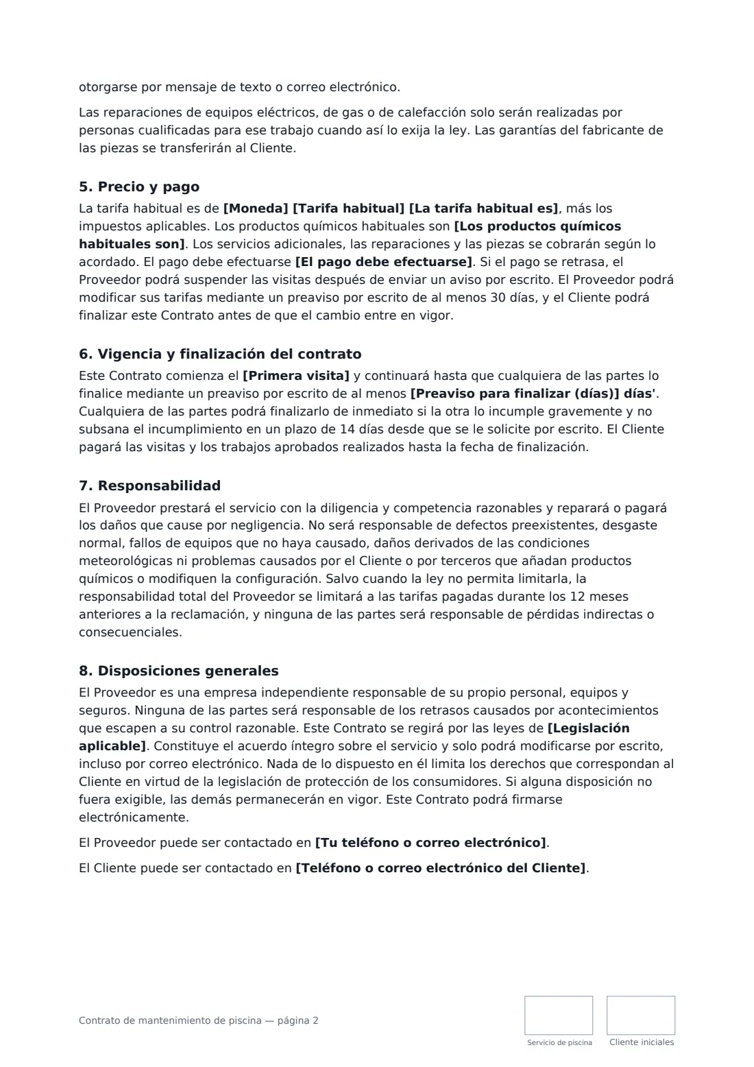 Contrato de mantenimiento de piscina: página 2 de 3