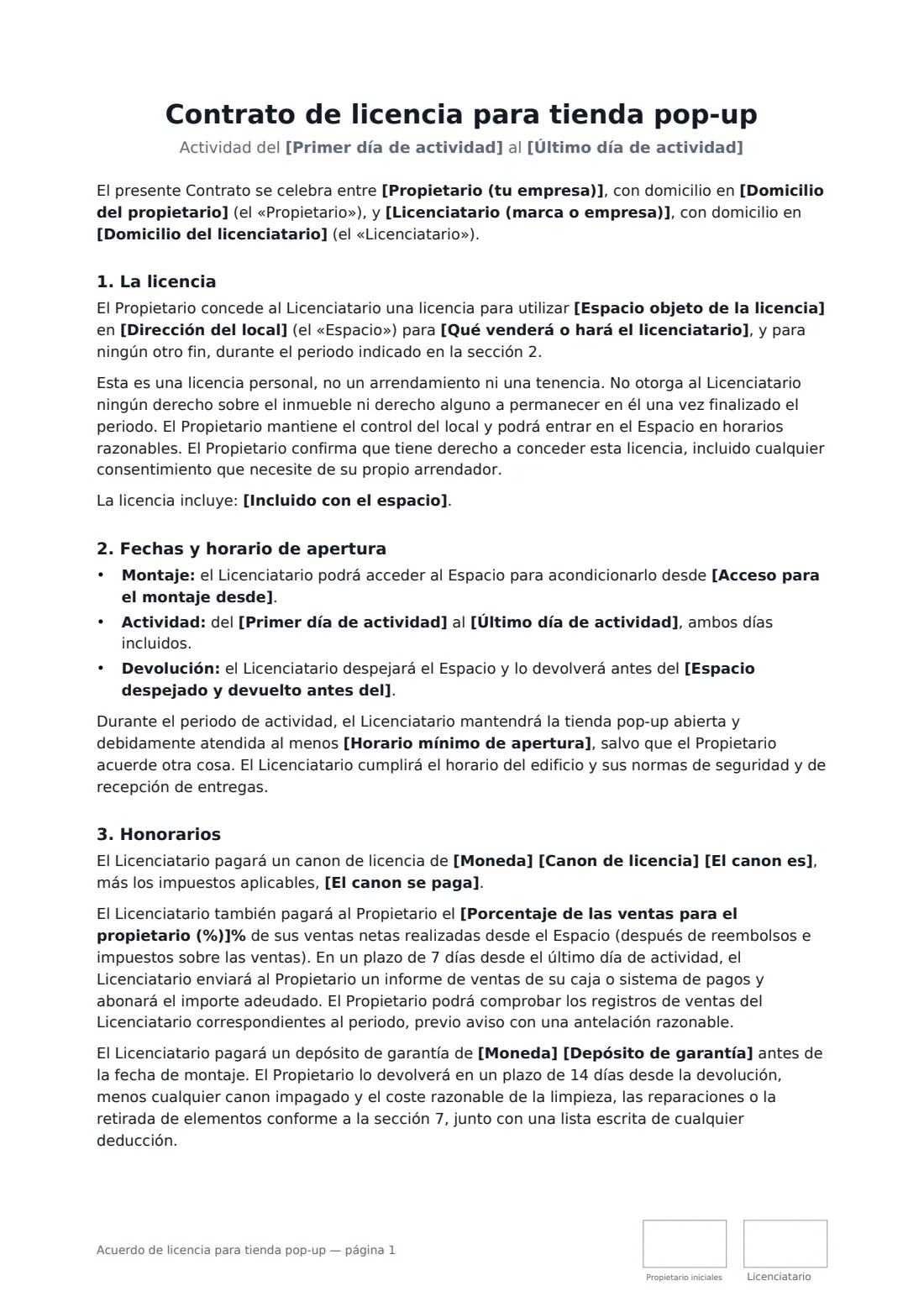 Acuerdo de licencia para tienda pop-up: página 1 de 3