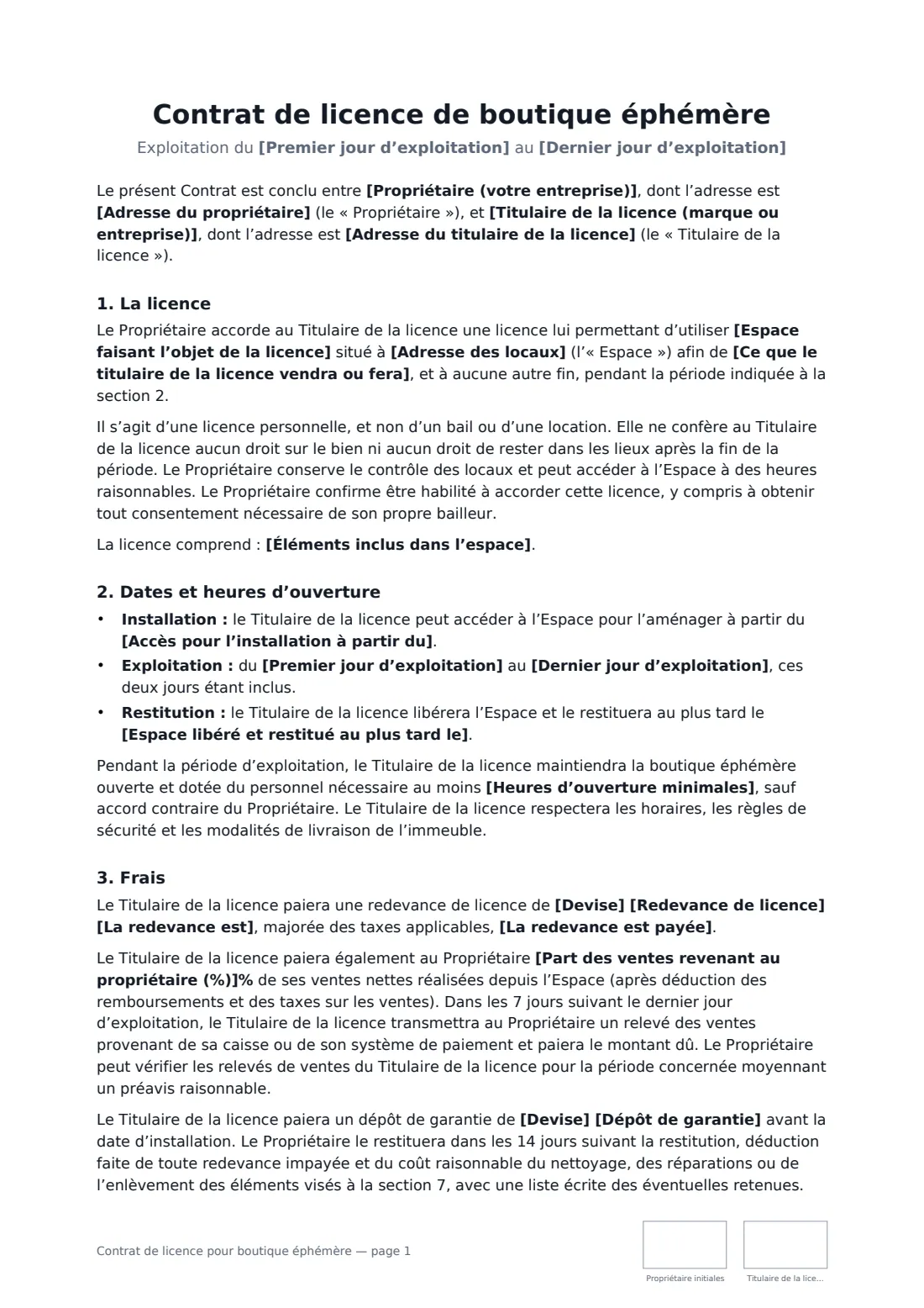 Contrat de licence pour boutique éphémère — page 1 sur 3