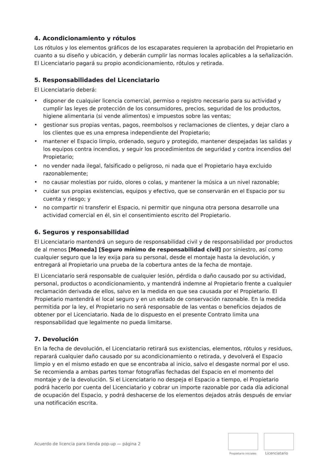 Acuerdo de licencia para tienda pop-up: página 2 de 3