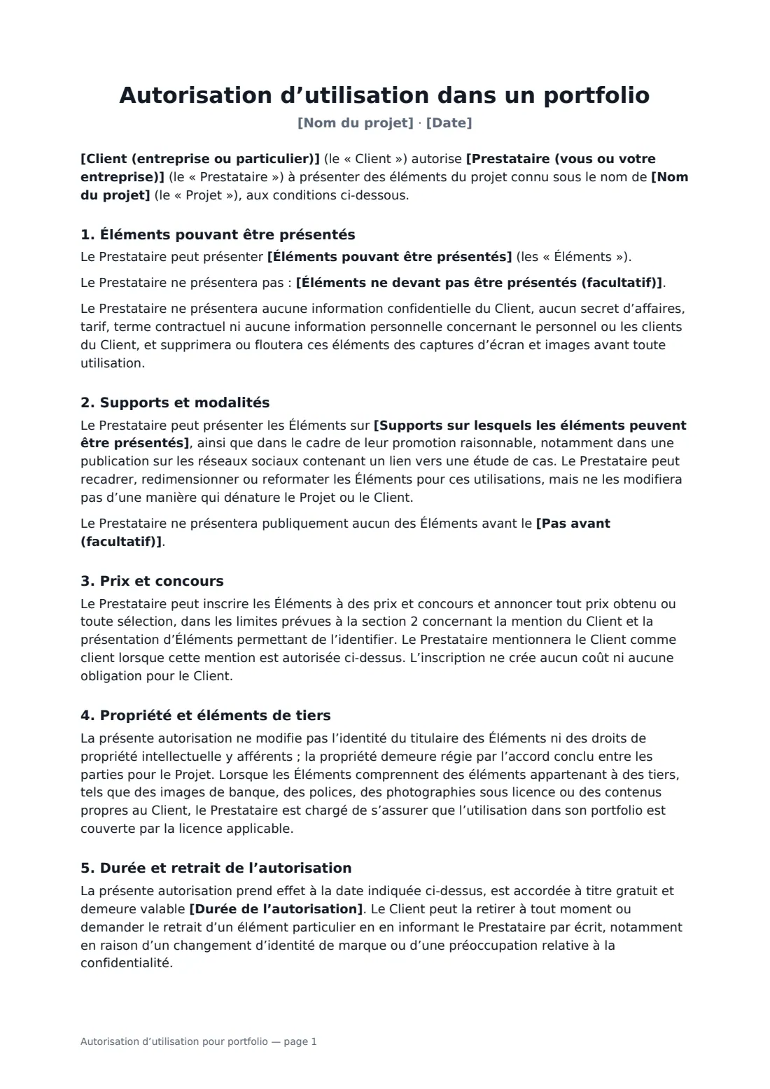 Autorisation d’utilisation pour portfolio — page 1 sur 2