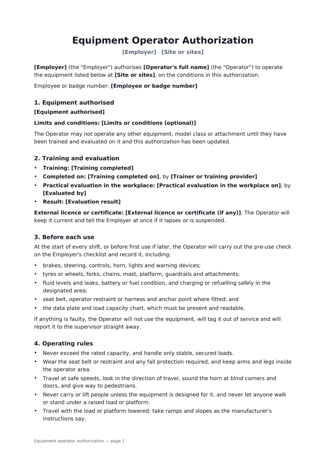 Equipment operator authorization — page 1 of 2