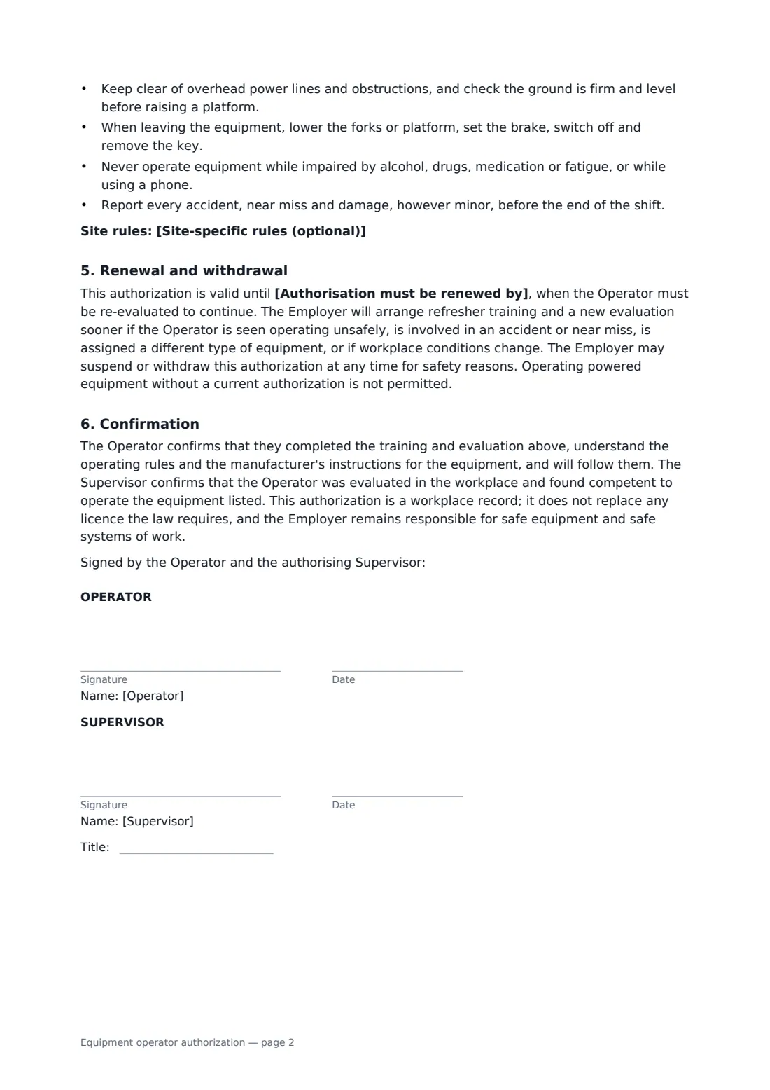 Equipment operator authorization — page 2 of 2