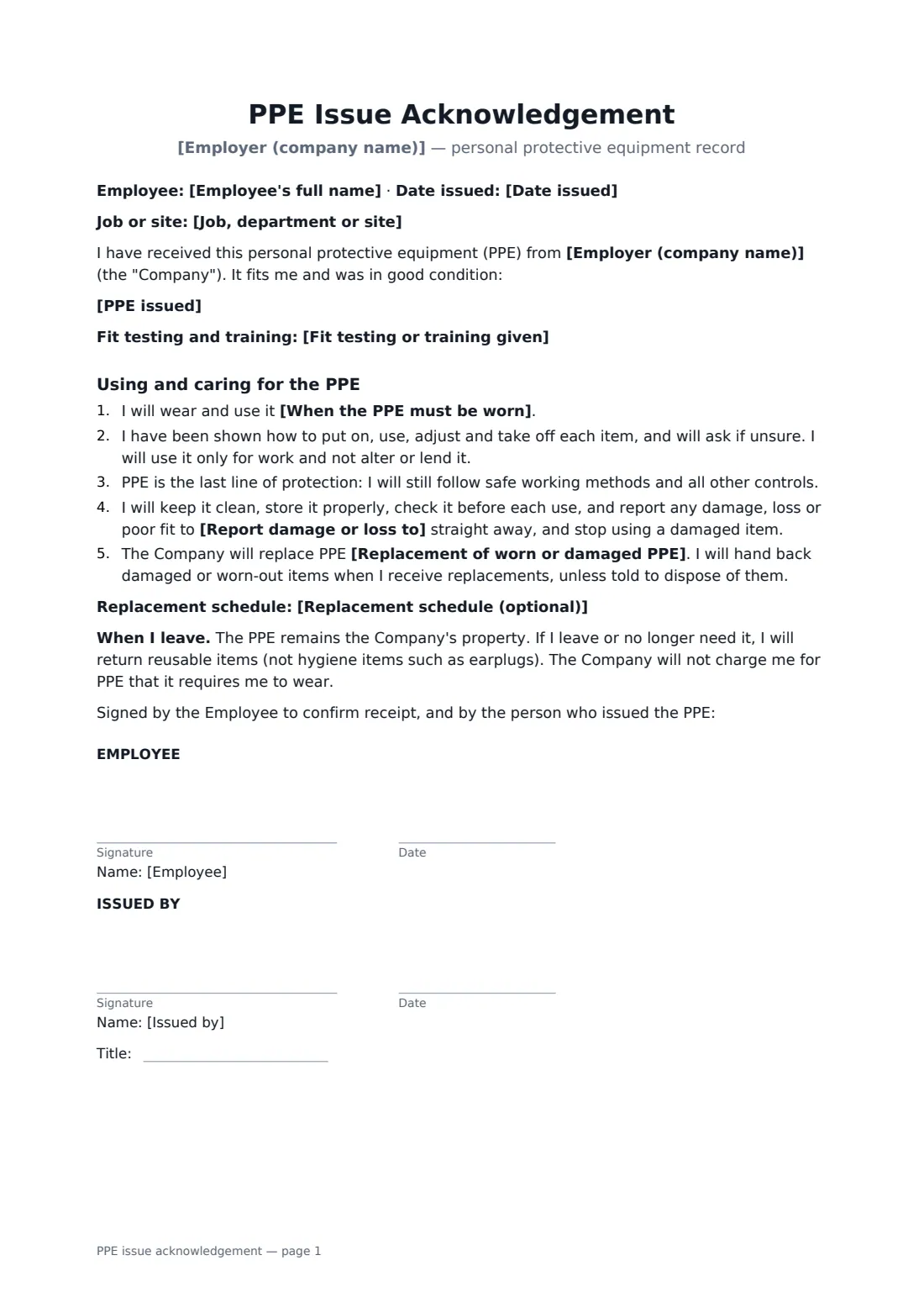 PPE issue acknowledgement — page 1 of 1
