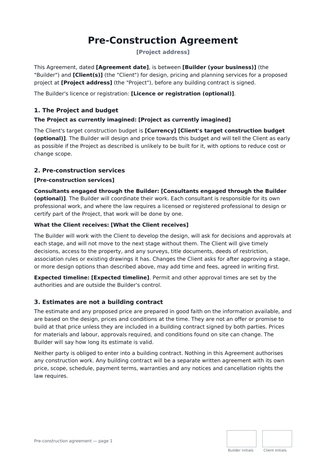 Pre-construction agreement — page 1 of 3