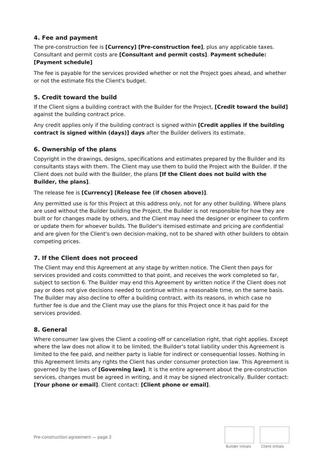 Pre-construction agreement — page 2 of 3