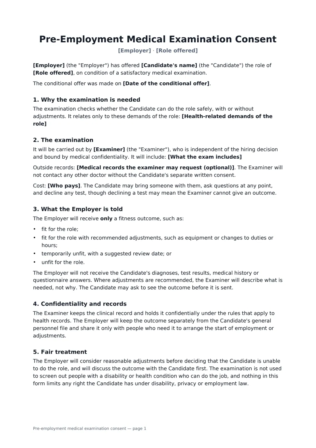 Pre-employment medical examination consent — page 1 of 2