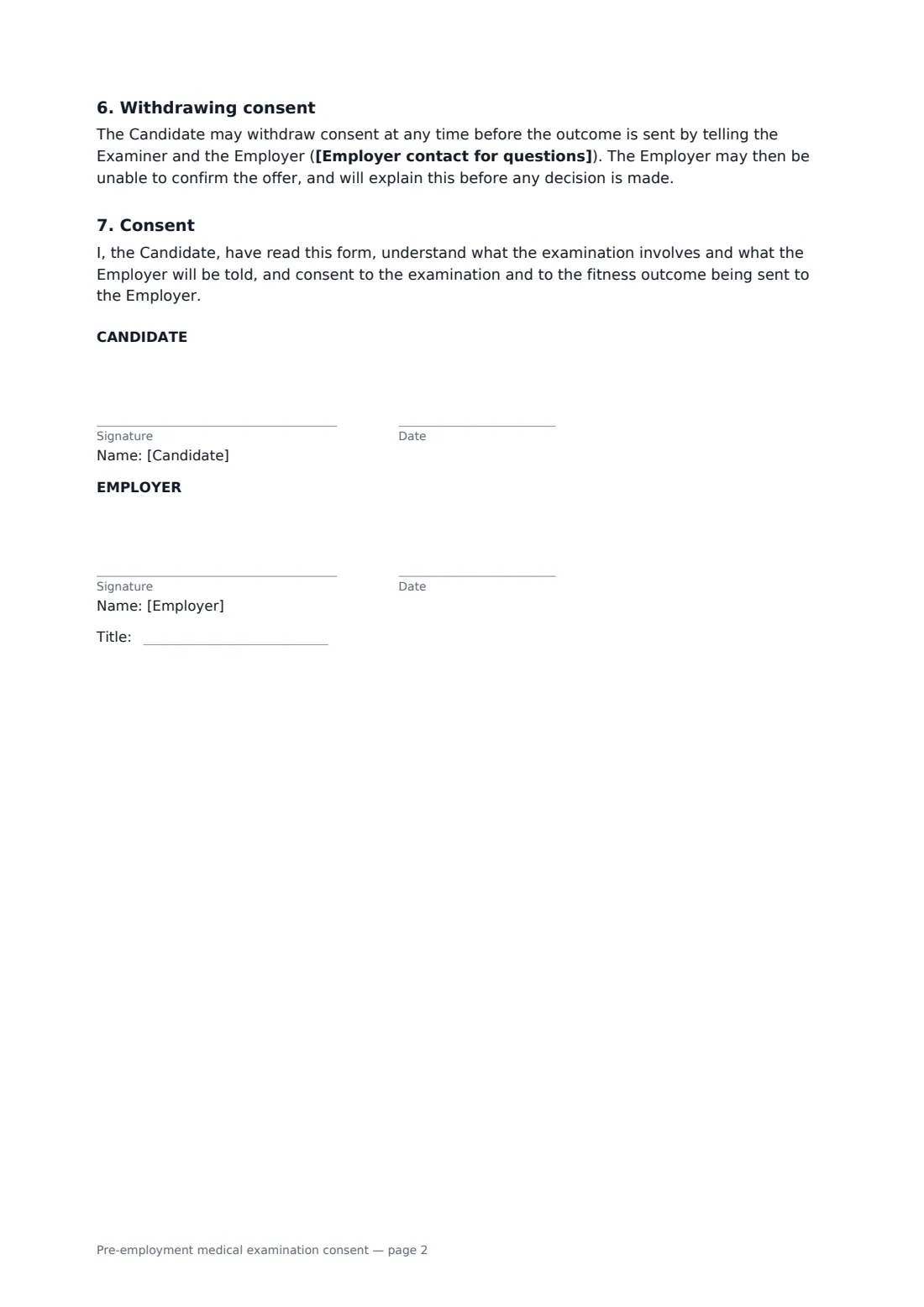 Pre-employment medical examination consent — page 2 of 2