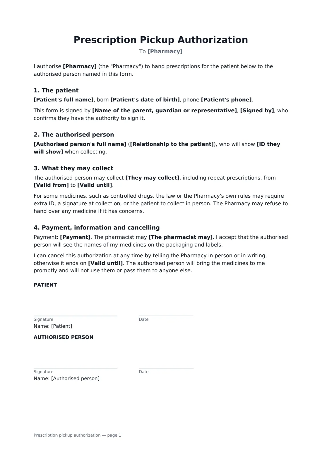 Prescription pickup authorization — page 1 of 1