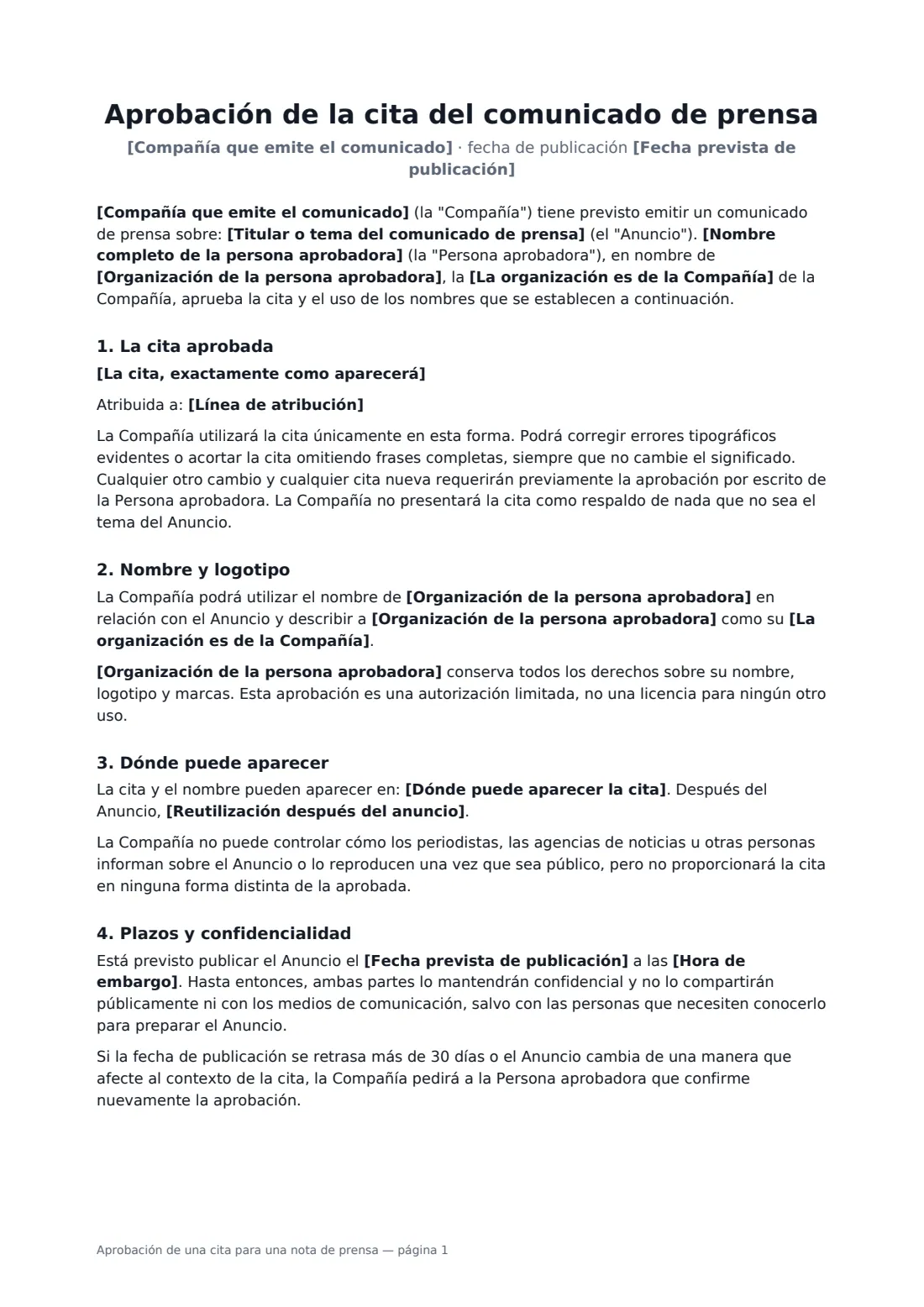 Aprobación de una cita para una nota de prensa: página 1 de 2