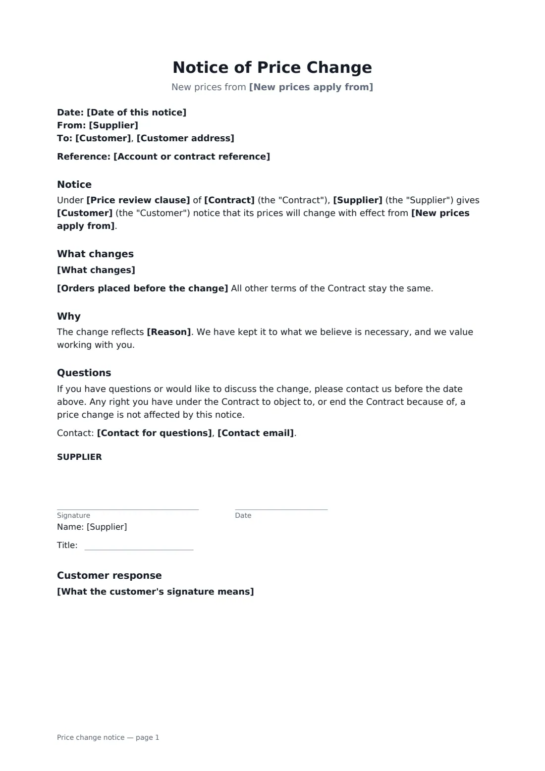 Price change notice — page 1 of 2