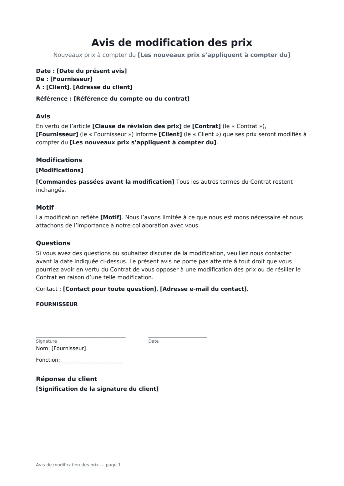 Avis de modification des prix — page 1 sur 2