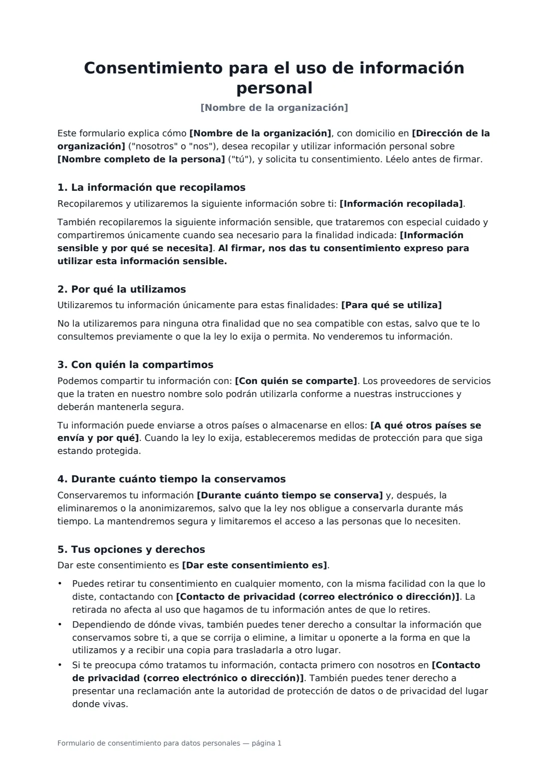 Formulario de consentimiento para datos personales: página 1 de 2