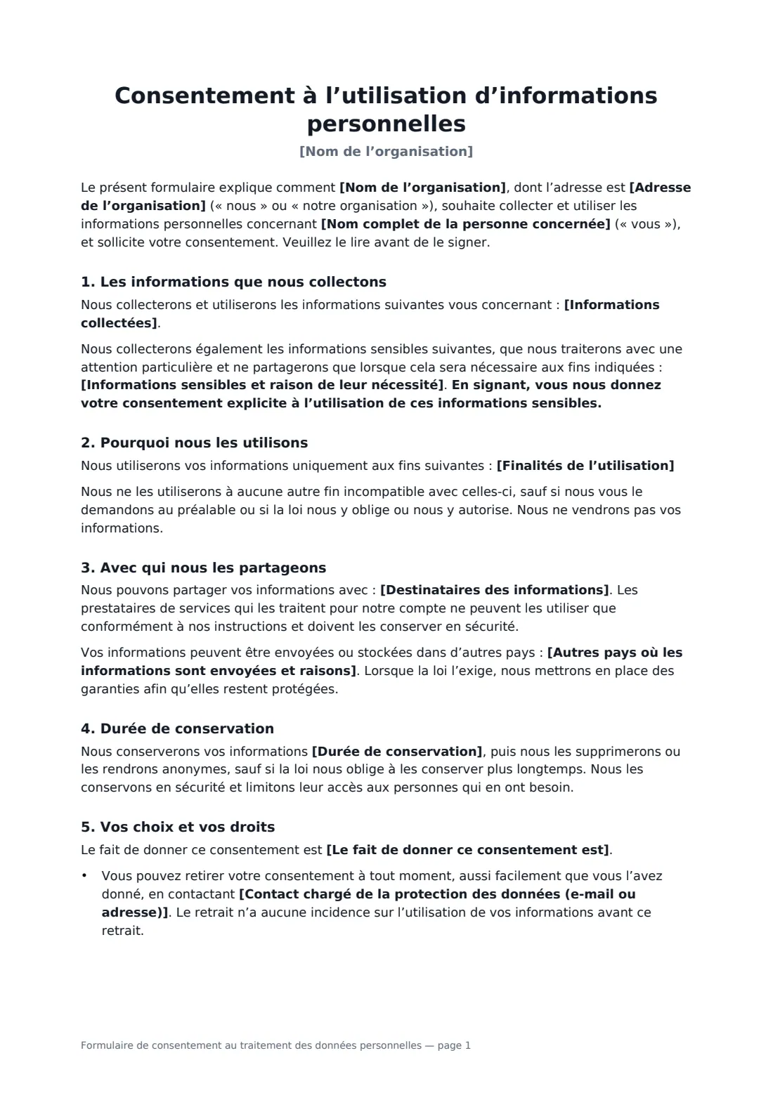 Formulaire de consentement au traitement des données personnelles — page 1 sur 2