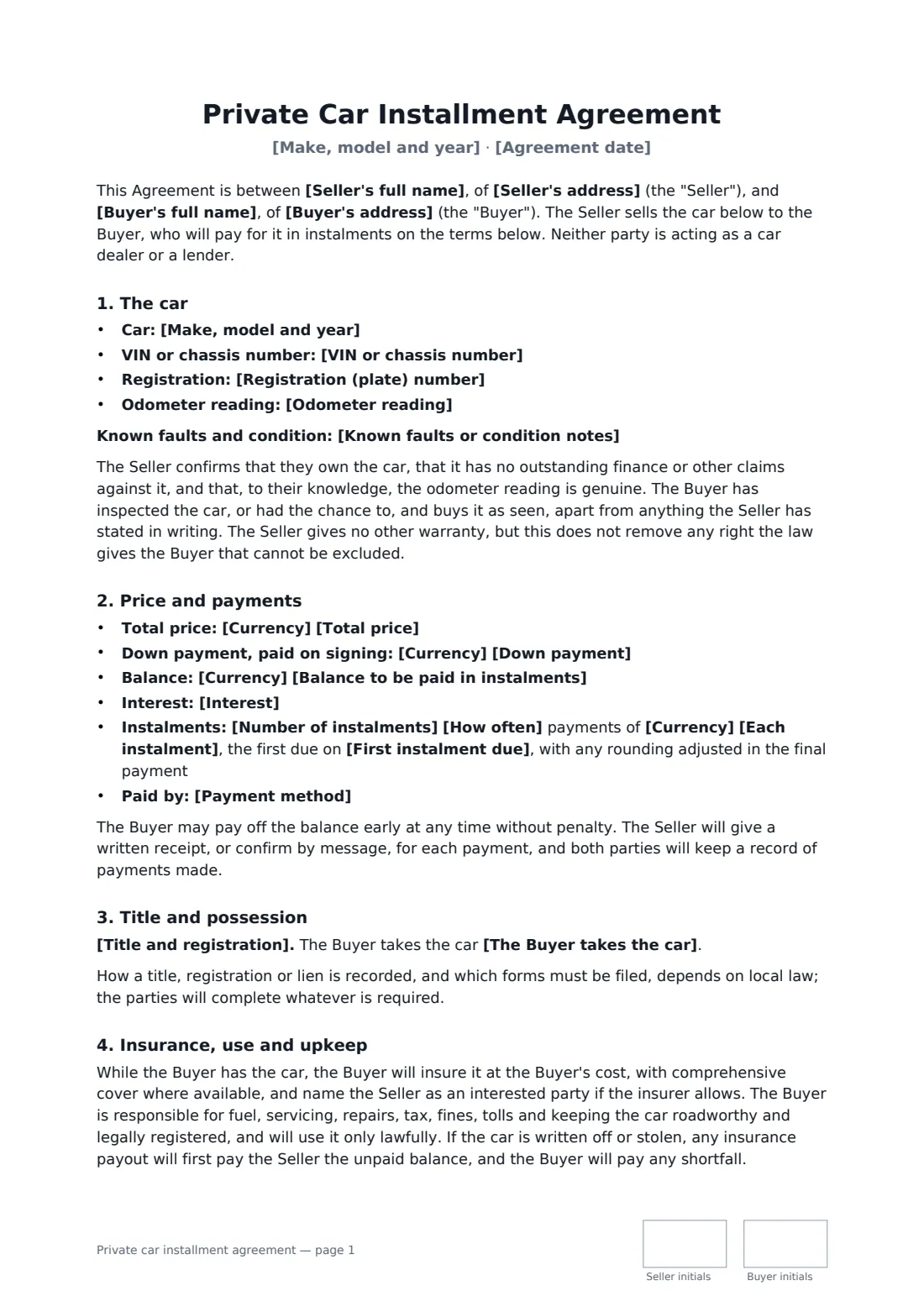 Private car installment agreement — page 1 of 2