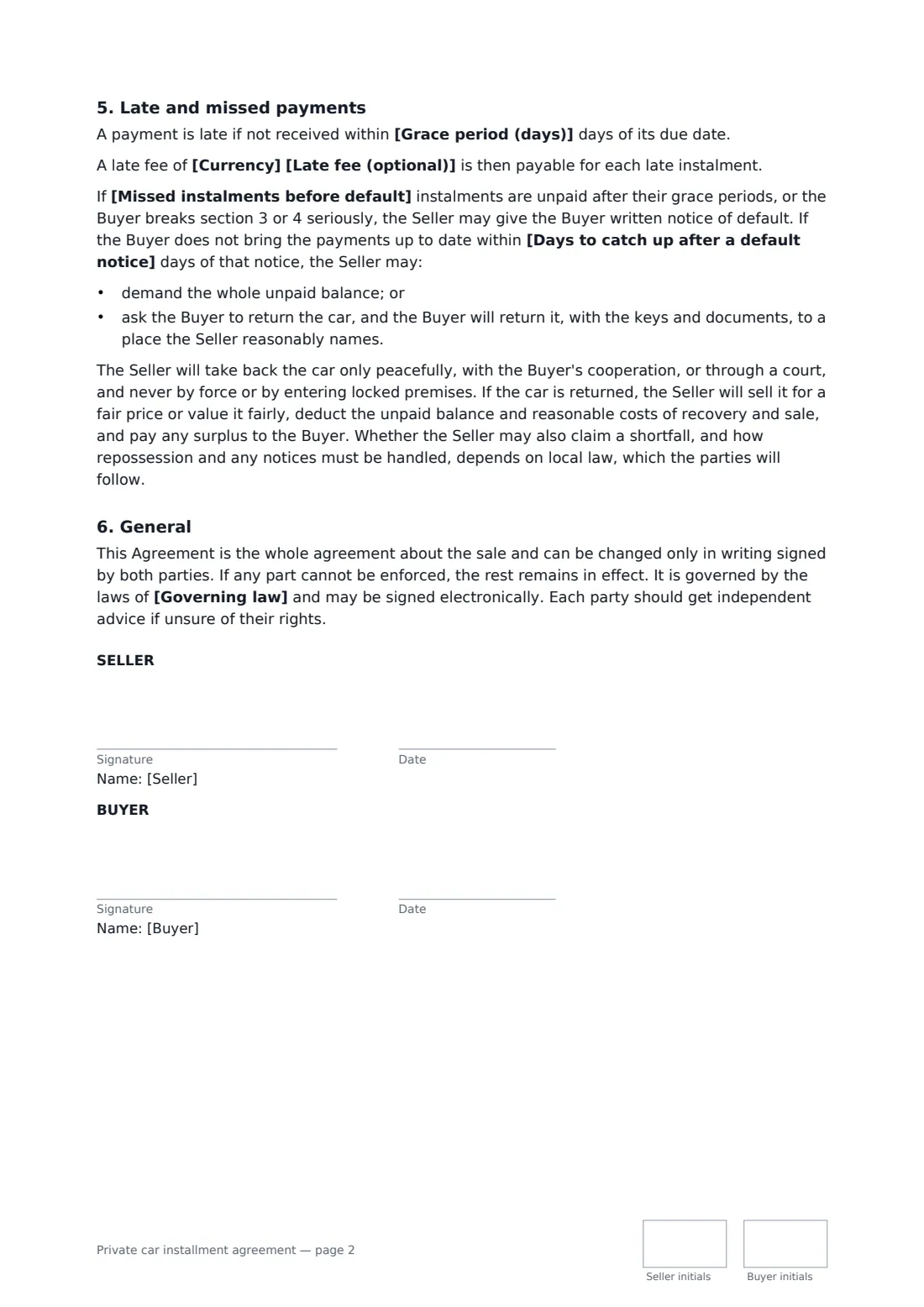 Private car installment agreement — page 2 of 2