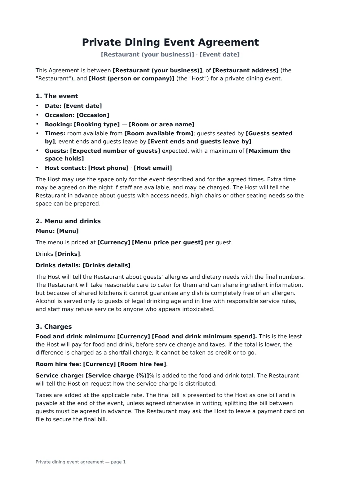 Private dining event agreement — page 1 of 3