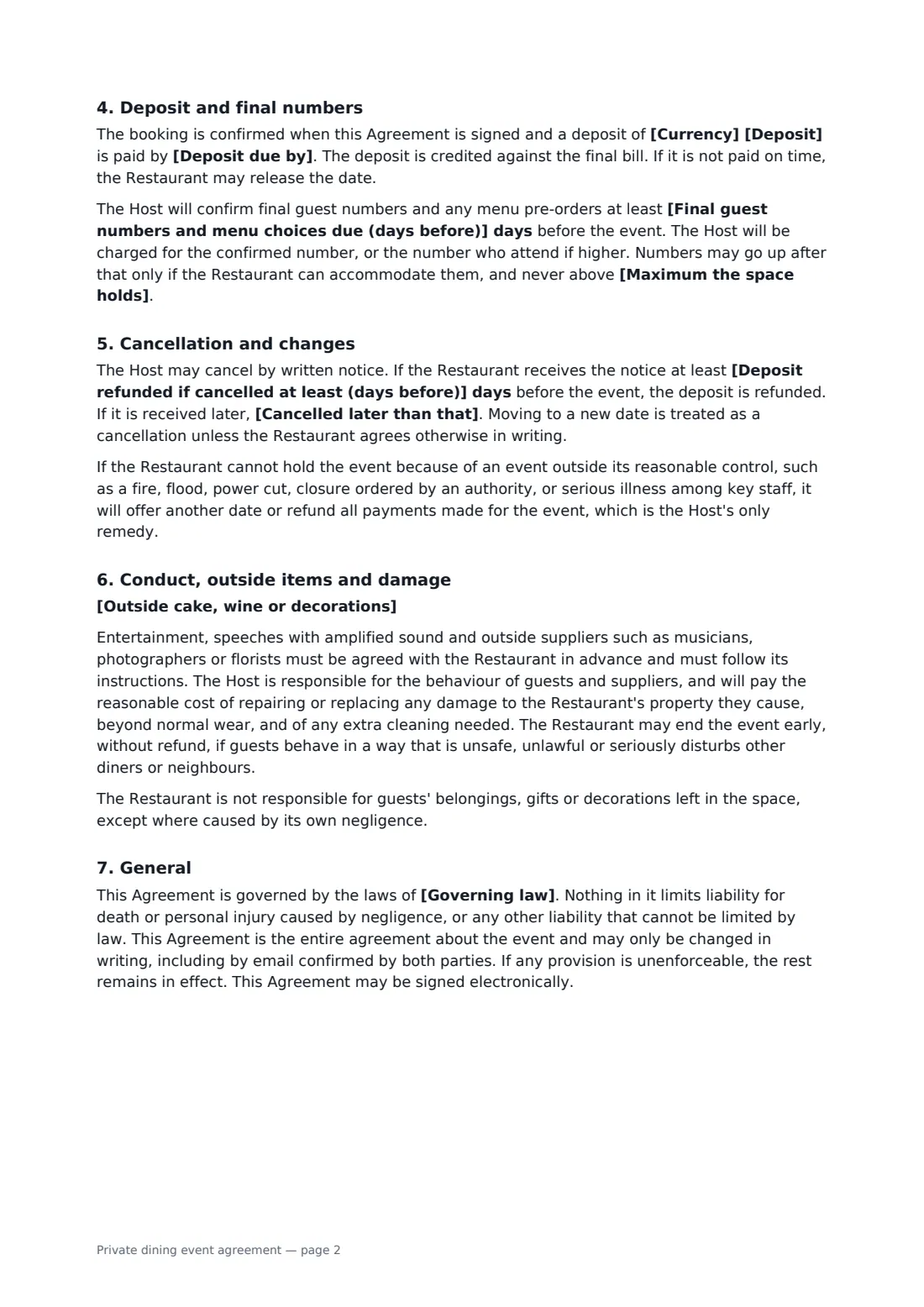Private dining event agreement — page 2 of 3