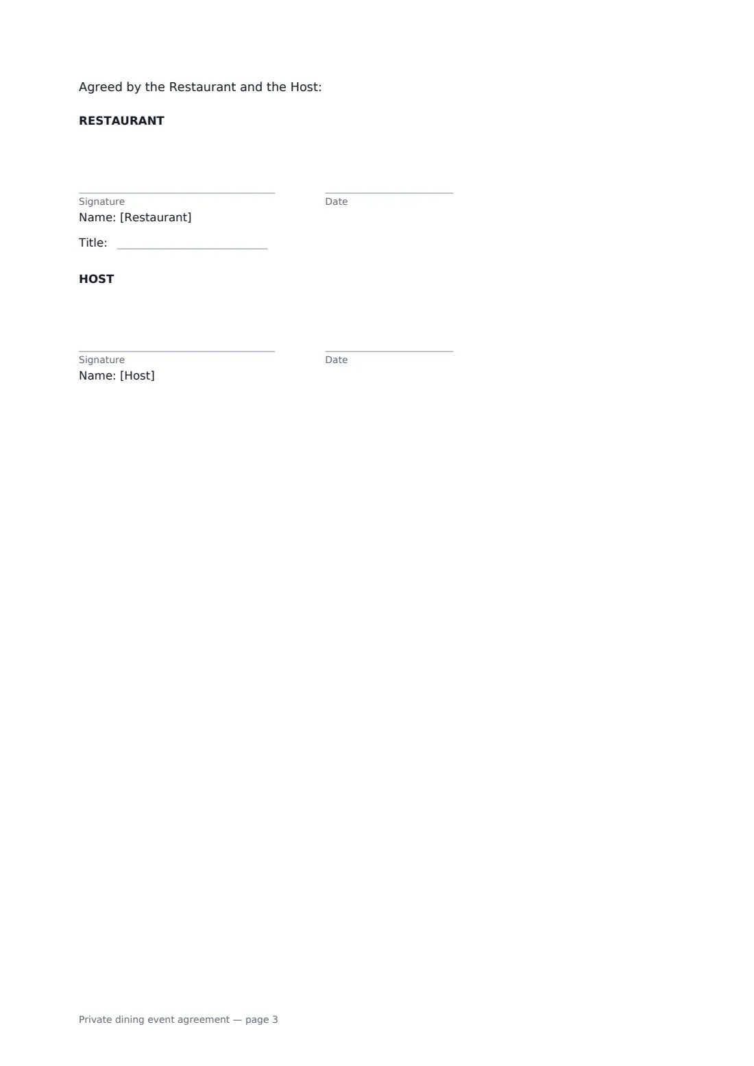 Private dining event agreement — page 3 of 3