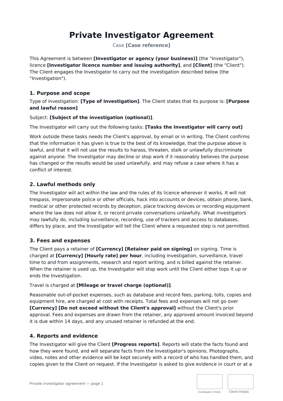 Private investigator agreement — page 1 of 3
