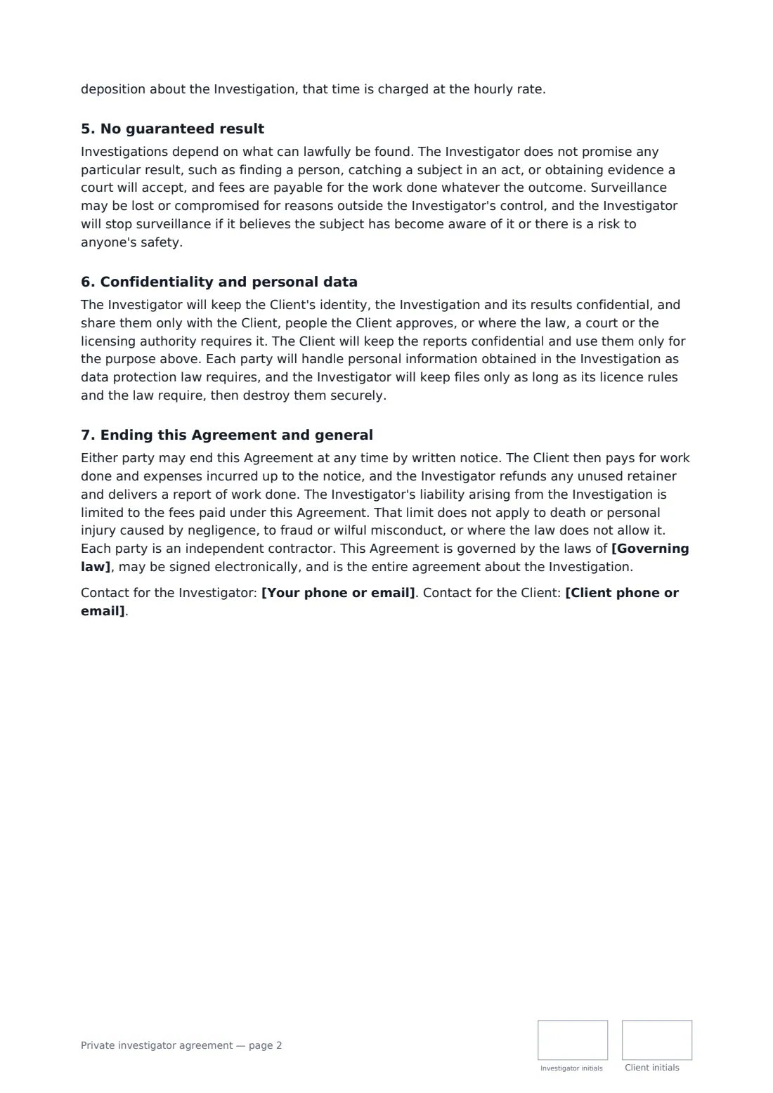 Private investigator agreement — page 2 of 3